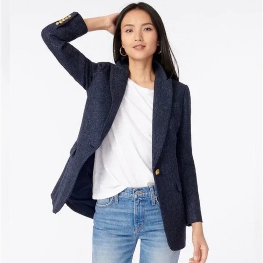 J. CREW Long Parke Blazer in Navy Herringbone English Wool Sz 8 {157}
